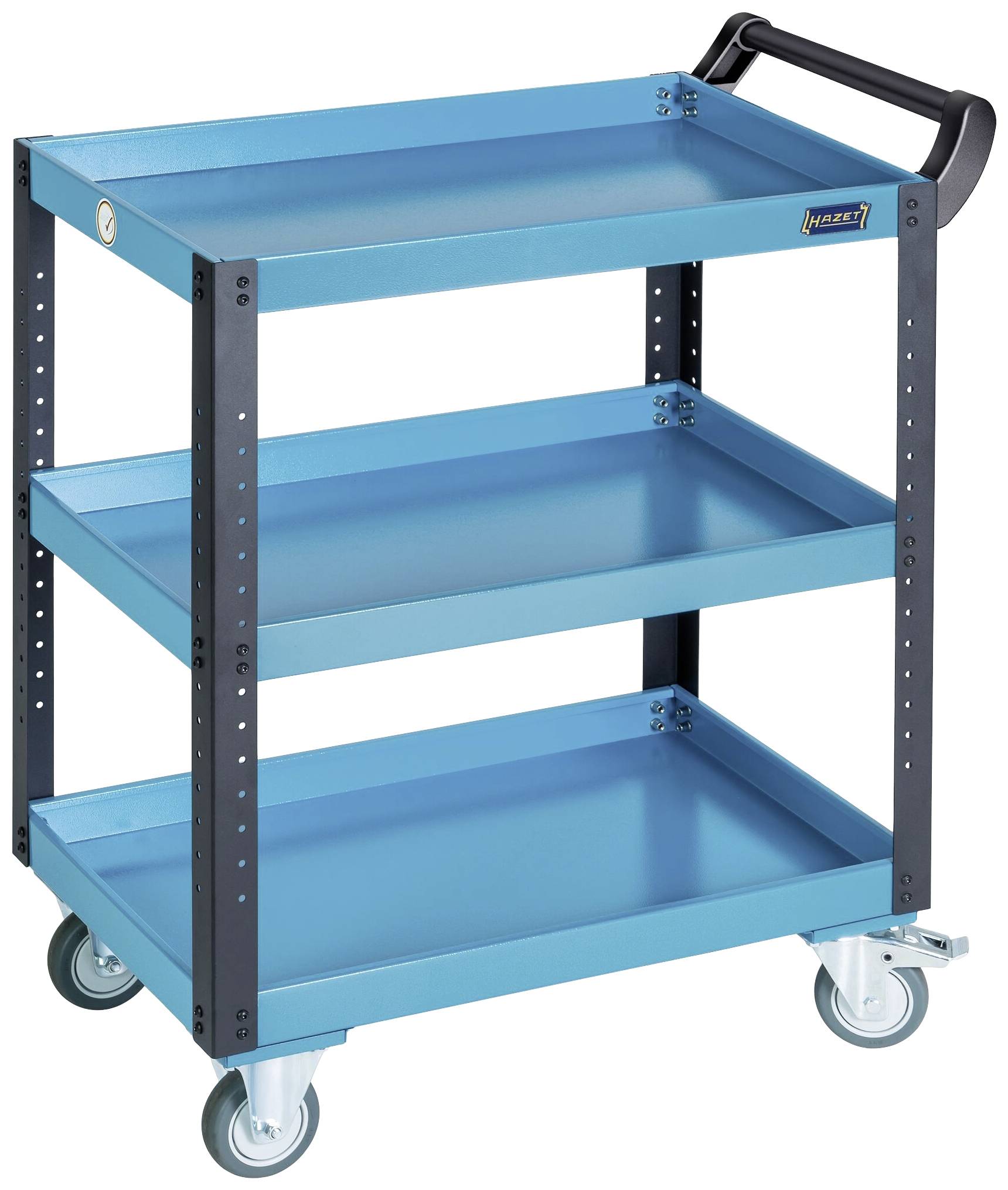Niebieski, trzypiętrowy wózek warsztatowy z metalu na kółkach z czarną rączką, przeznaczony do przechowywania narzędzi.