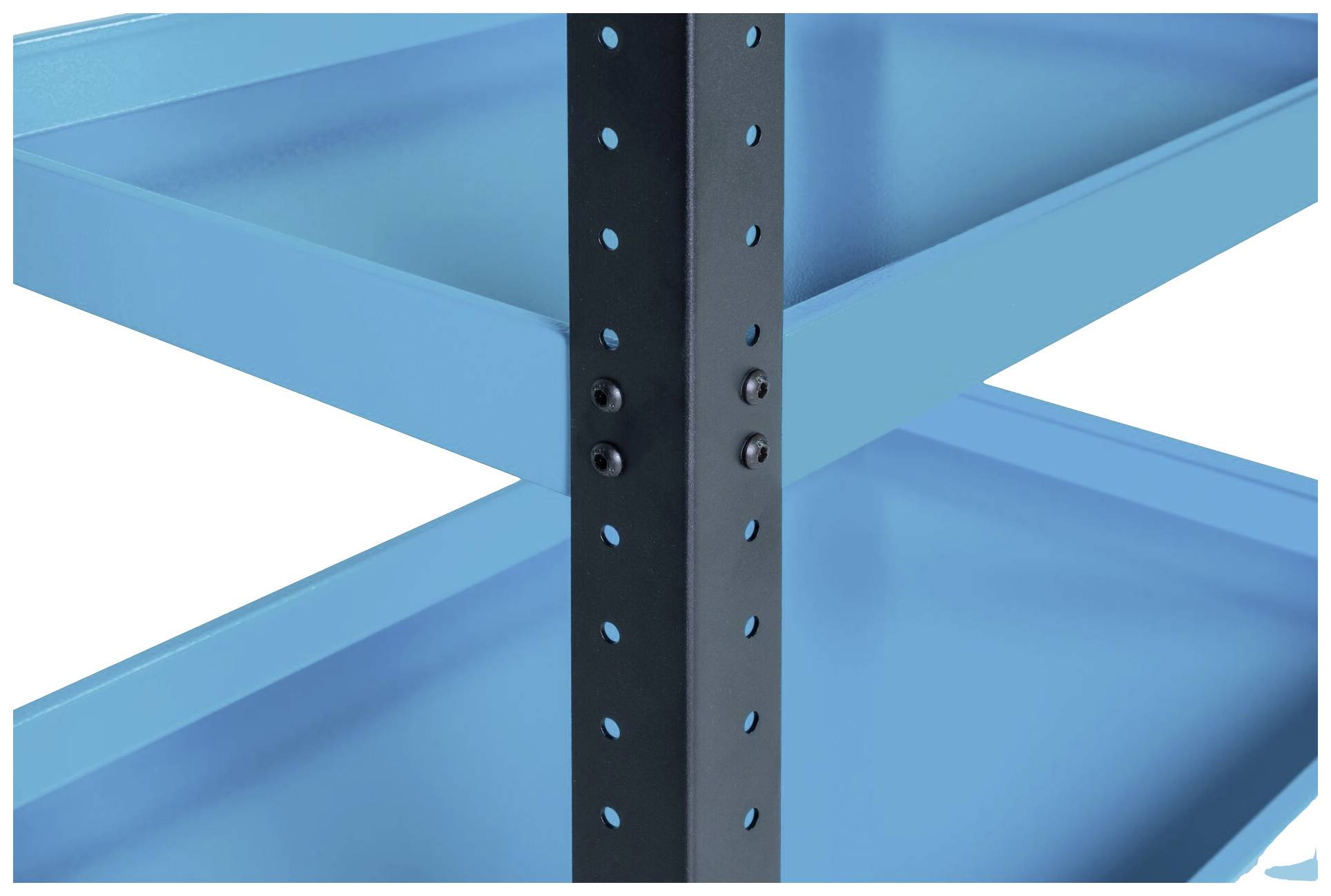 Niebieski metalowy regał z dwoma półkami i czarnym, perforowanym słupem środkowym.