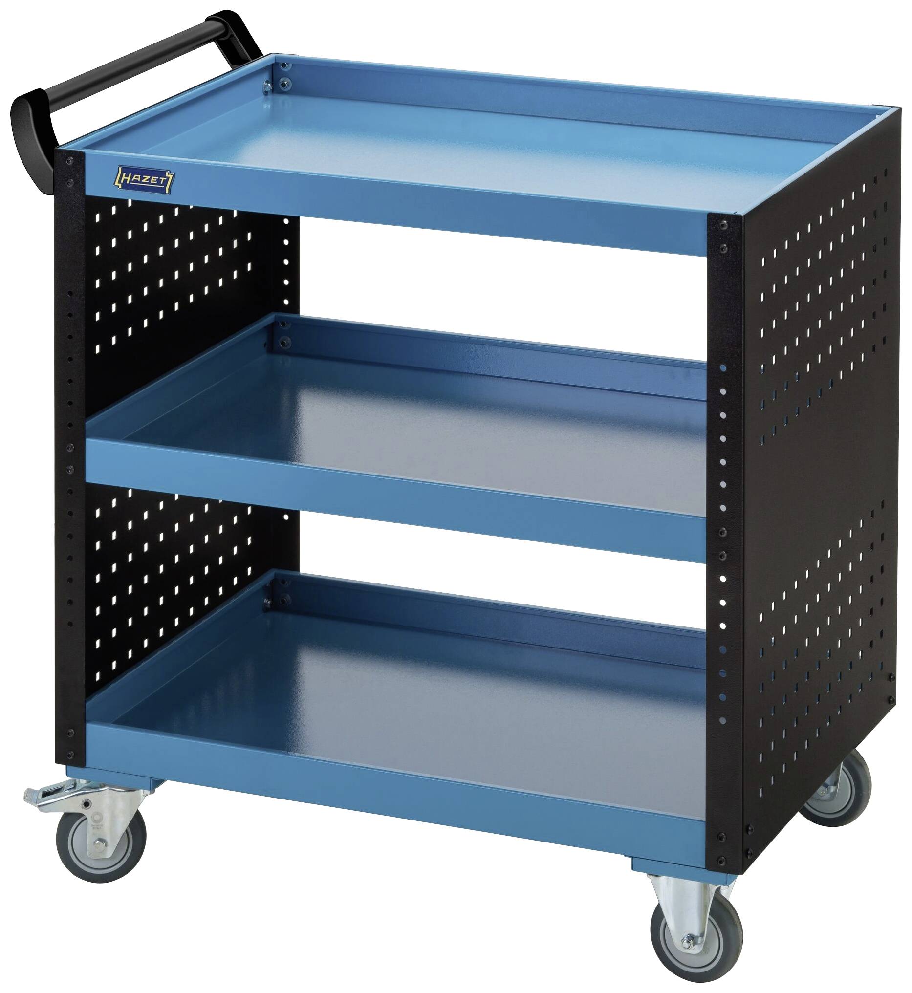 Niebieski wózek warsztatowy z trzema półkami i czarnymi ściankami bocznymi, zamontowany na kółkach dla łatwego przemieszczania, używany do przechowywania narzędzi.