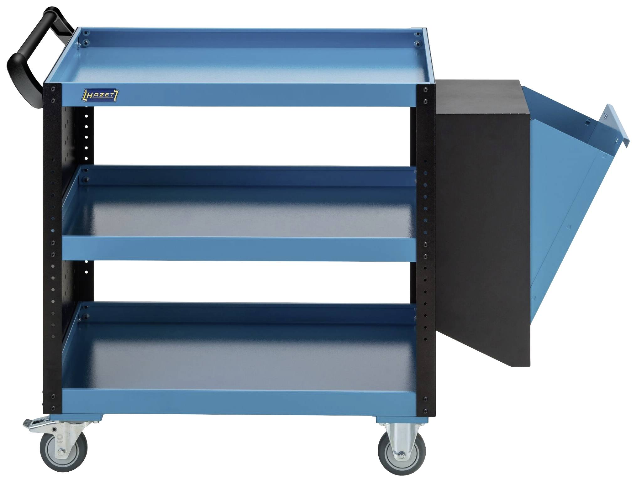 Niebieski wózek warsztatowy z dwoma półkami i przechylaną przystawką boczną, zamontowany na czterech kółkach, przeznaczony do przechowywania narzędzi.