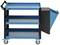 Niebieski wózek warsztatowy z dwoma półkami i przechylaną przystawką boczną, zamontowany na czterech kółkach, przeznaczony do przechowywania narzędzi.