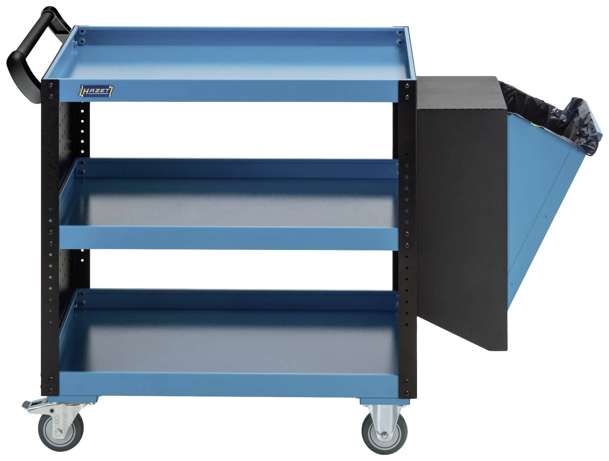 Niebieski wóz dwupoziomowy z uchwytem, uchwyt na worek na śmieci po prawej stronie. Możliwy do wykorzystania jako mobilny wózek serwisowy lub magazynowy.