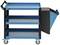 Niebieski wóz dwupoziomowy z uchwytem, uchwyt na worek na śmieci po prawej stronie. Możliwy do wykorzystania jako mobilny wózek serwisowy lub magazynowy.