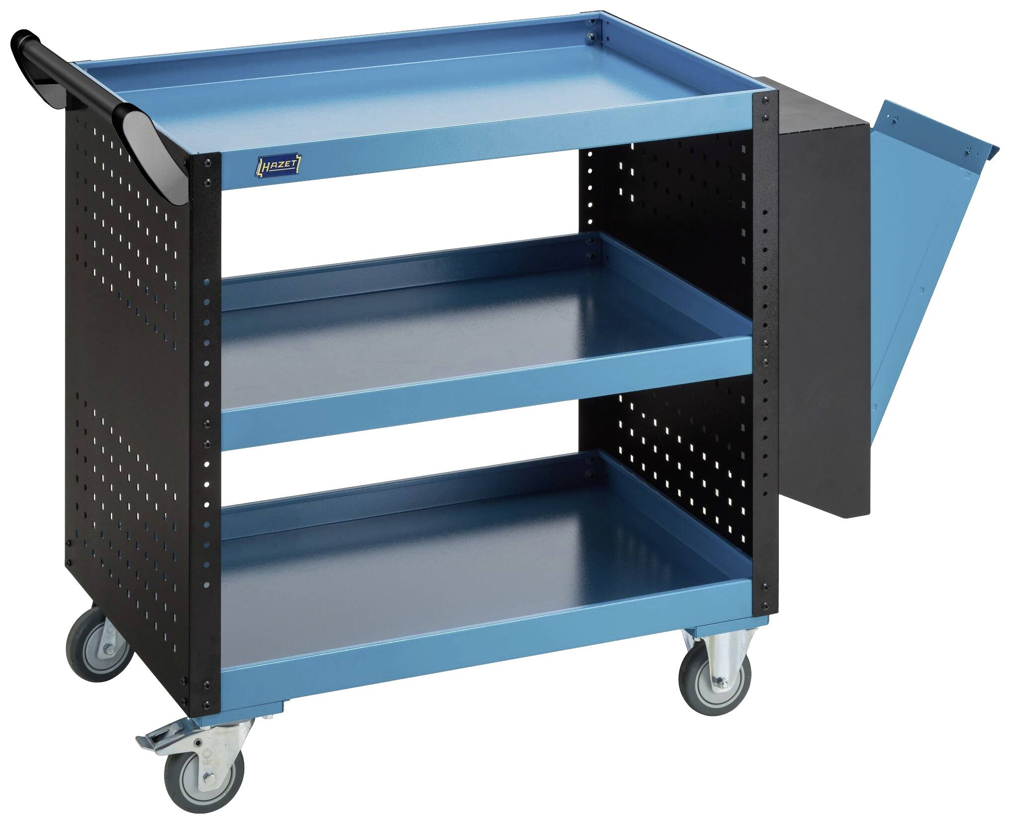 Niebieski wózek warsztatowy z trzema półkami i pojemnikiem bocznym na odpady, stojący na czterech kółkach, przeznaczony do przechowywania narzędzi i materiałów.