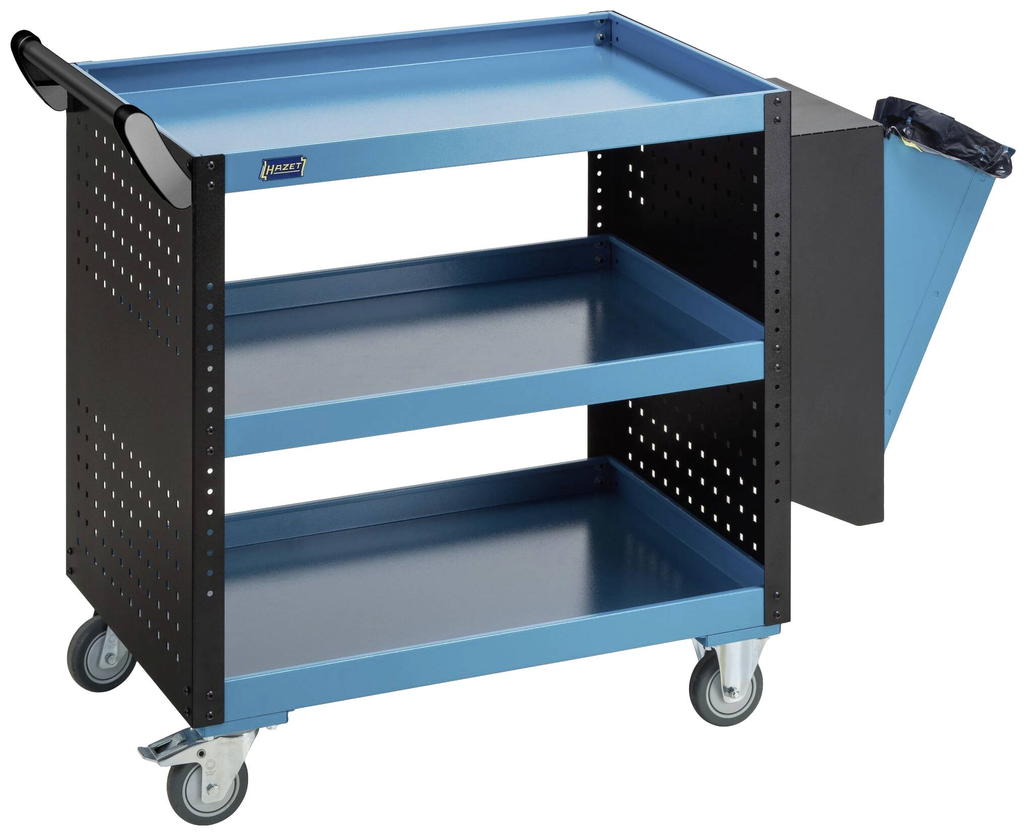 Niebieski wózek warsztatowy z trzema poziomami odkładczymi, czarnymi kratkami bocznymi i czterema kółkami. Po prawej stronie podłączony pojemnik na odpady.