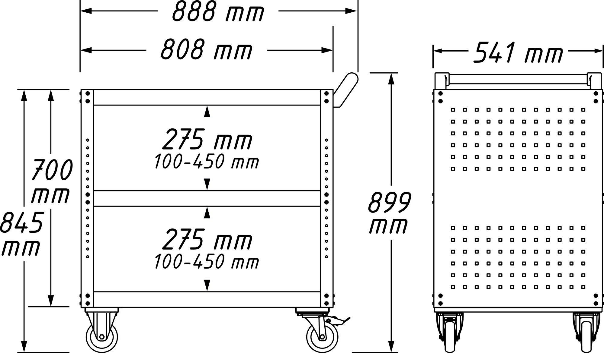 Rysunek techniczny mobilnego wózka jezdnego z wymiarami: 888 mm szerokości, 808 mm głębokości i 899 mm wysokości. Dwie płaszczyzny o zmiennej wysokości od 100 do 450 mm.