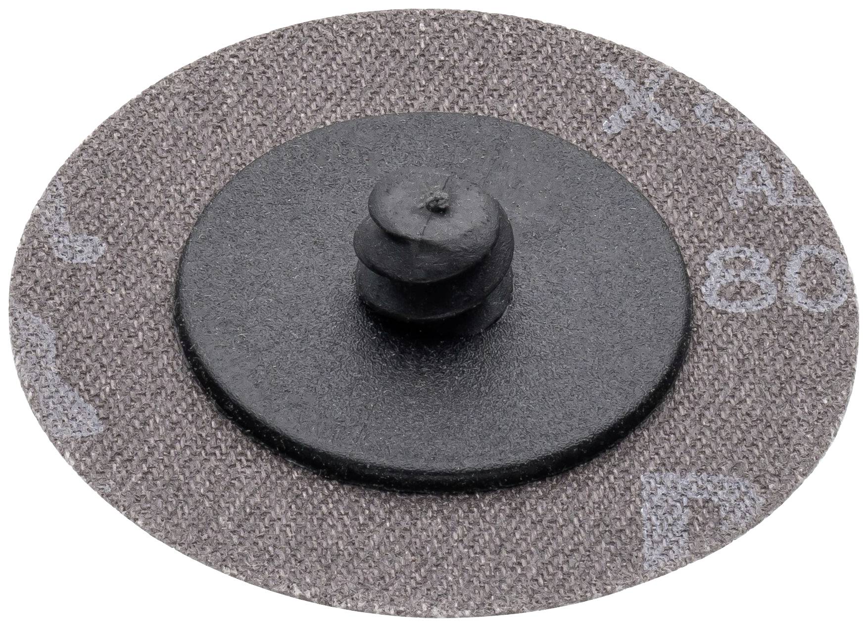 Szara tarcza szlifierska z centralnym zamknięciem z tworzywa sztucznego, odpowiednia do szlifowania powierzchni metalowych.