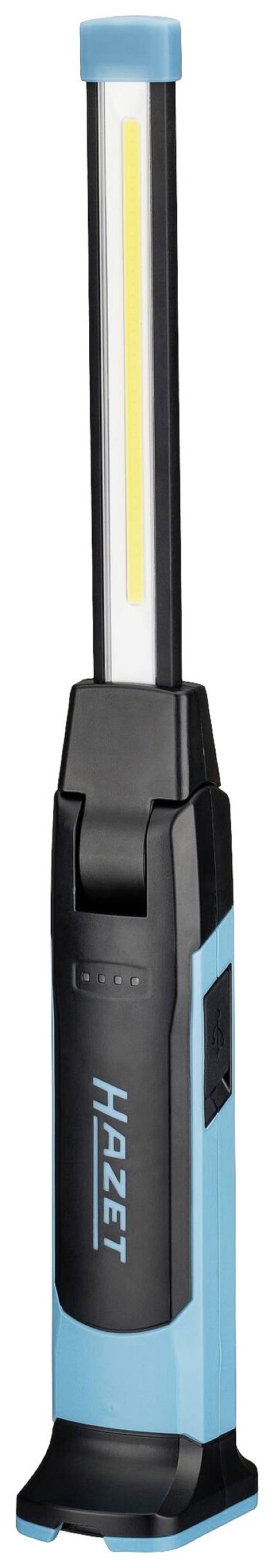 Niebiesko-czarna lampa robocza Hazet z długim, wąskim paskiem świetlnym i uchwytem.