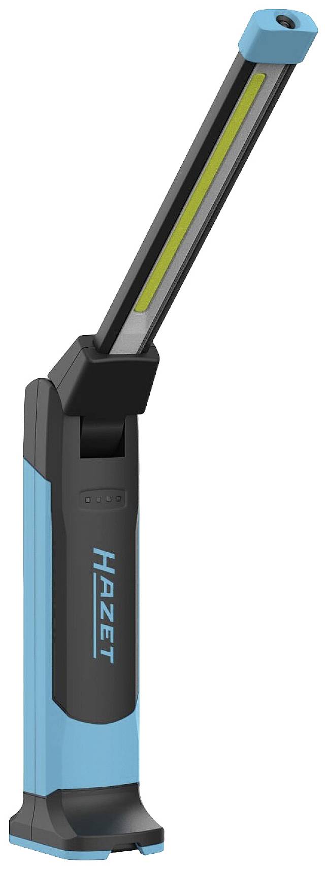 Przenośna lampa robocza, niebiesko-czarna, do precyzyjnego oświetlania miejsc pracy. Marka 'Hazet' widoczna z przodu.