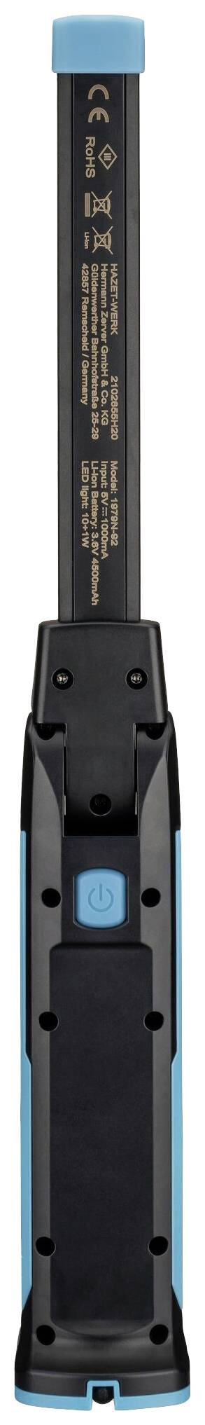 Czarna i niebieska lampa robocza LED, ustawiona pionowo z włącznikiem/wyłącznikiem pośrodku.