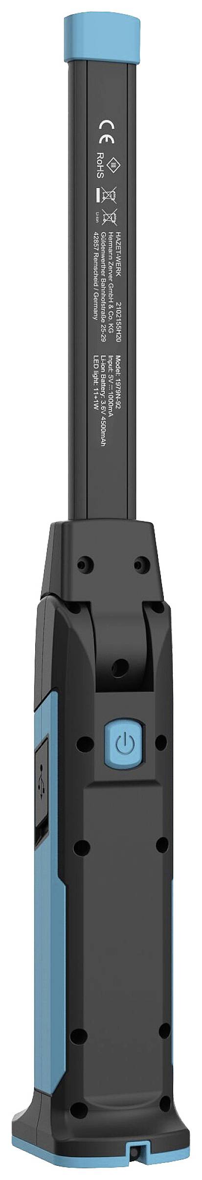 Czarne i niebieskie LED-owe światło robocze z przyciskiem zasilania i gniazdem ładowania.