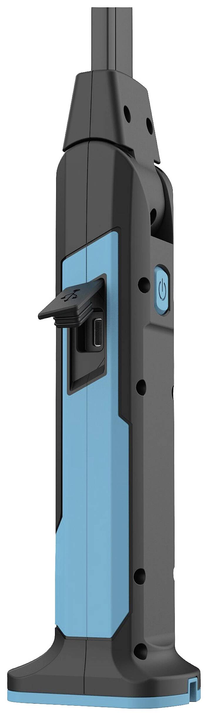 Elektryczny wkrętak o obudowie w kolorze niebiesko-czarnym z przewodem sieciowym. Posiada włącznik/wyłącznik i pionową budowę.