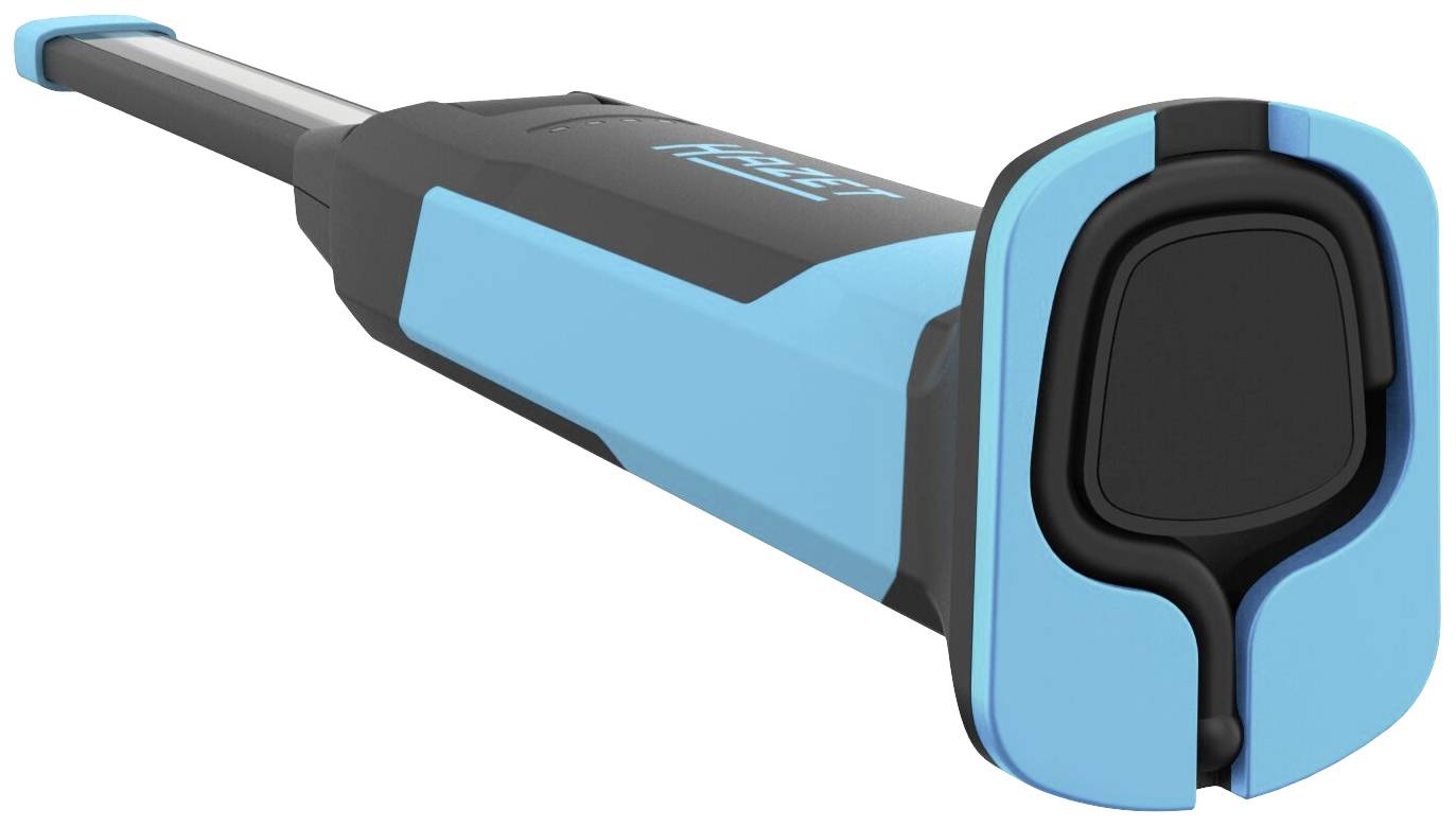 Niebiesko-czarne narzędzie z ergonomicznym uchwytem i prostokątnym tylnym końcem. Wygląda na solidne i funkcjonalne.