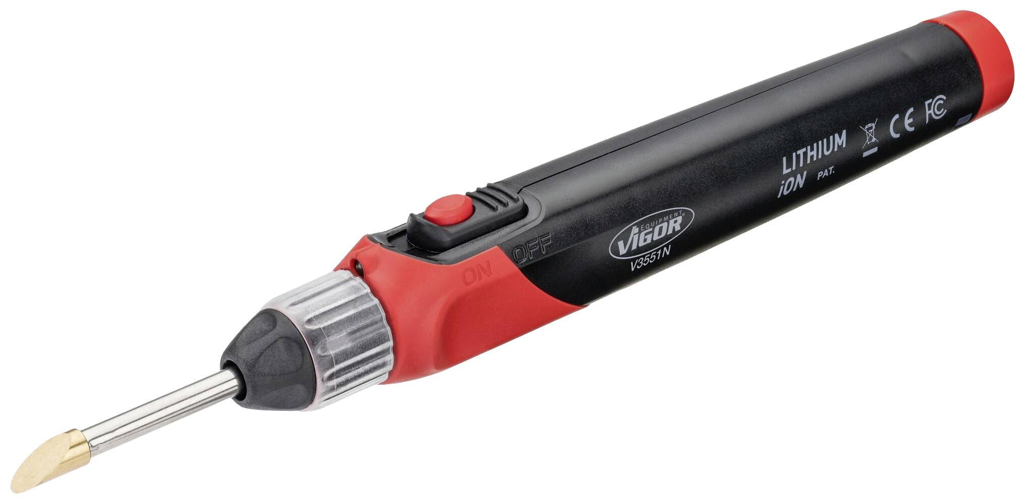 Lutownica bezprzewodowa, kompaktowa, w czarnym i czerwonym kolorze, z akumulatorem litowo-jonowym, odpowiednia do lutowania małych projektów elektronicznych.