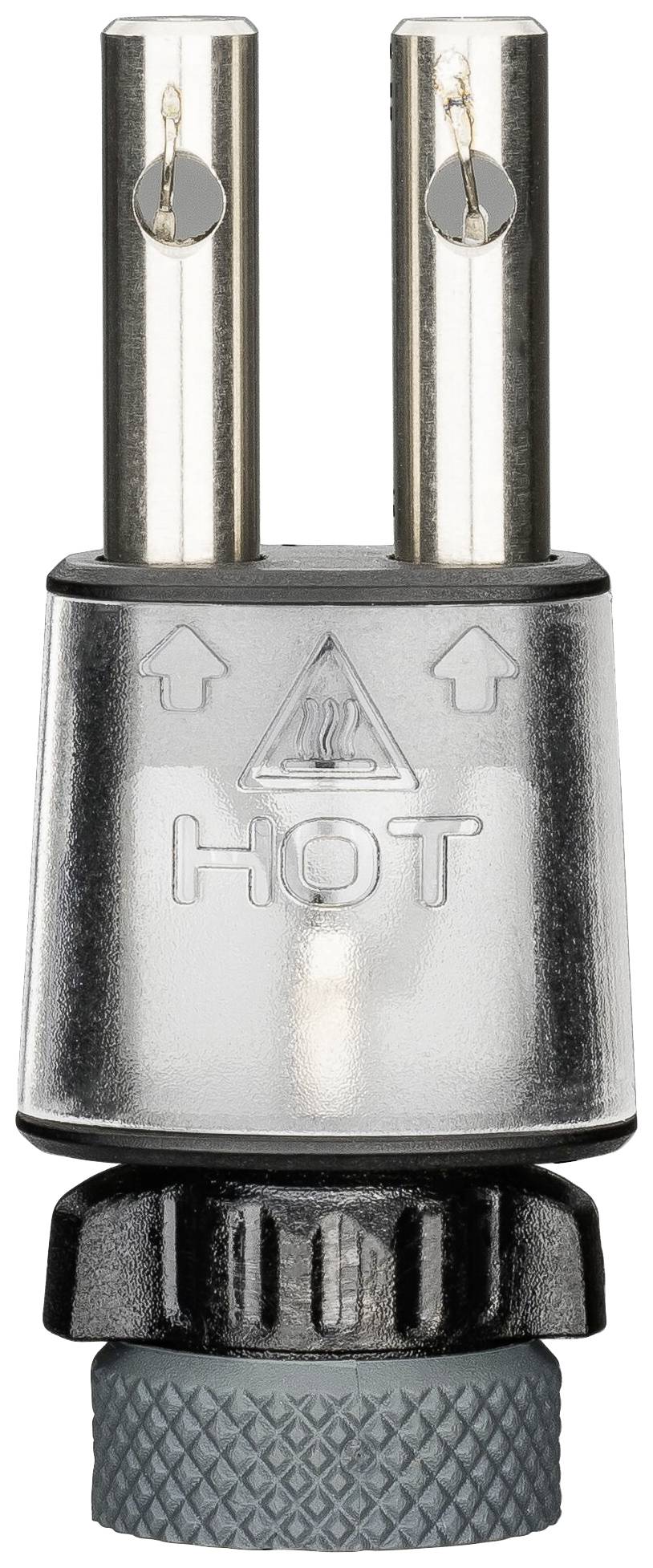 Zdejmowany regulator strumienia prysznicowego z napisem HOT. Dwie srebrne dysze i czarny obrotowy uchwyt od spodu.