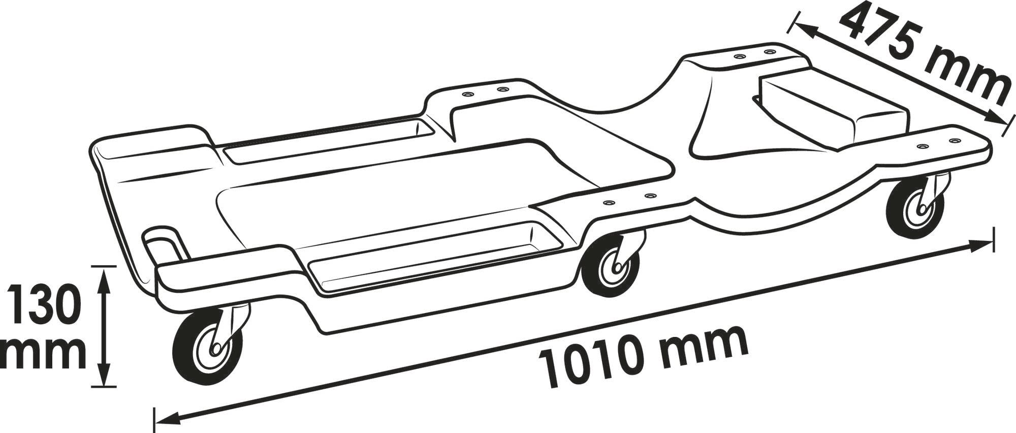 Ilustracja łóżka warsztatowego z kółkami, wymiary 1010 mm długości, 475 mm szerokości, 130 mm wysokości.