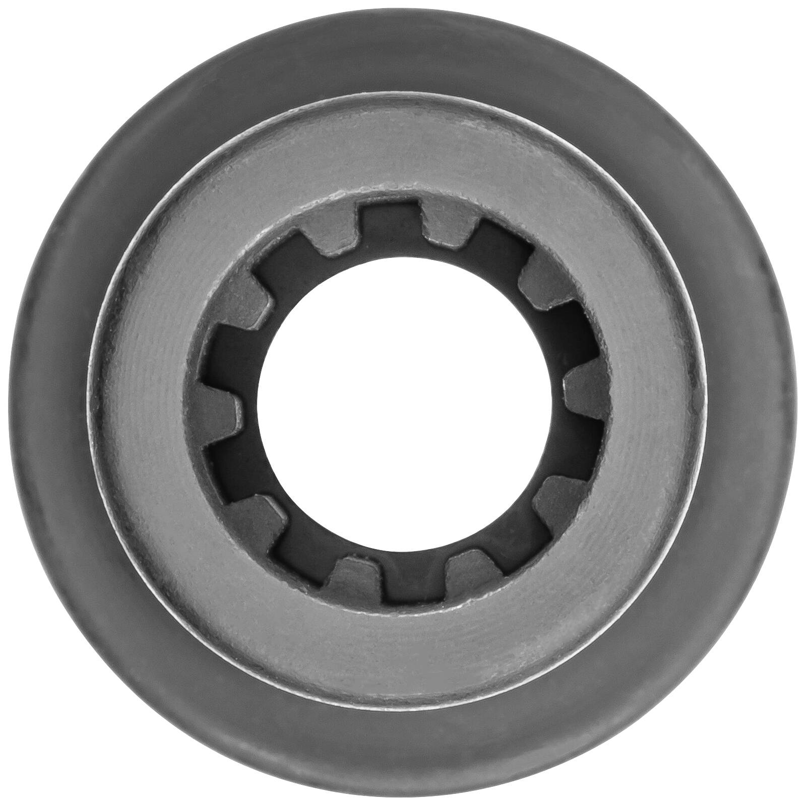 Łożysko metalowe z uzębionym pierścieniem wewnętrznym, widok czołowy.