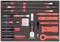 Zestaw narzędzi z różnymi czerwonymi i czarnymi narzędziami naprawczymi, ułożonymi w wyściółce piankowej. Zawiera dźwignie, śrubokręty i narzędzia tnące.