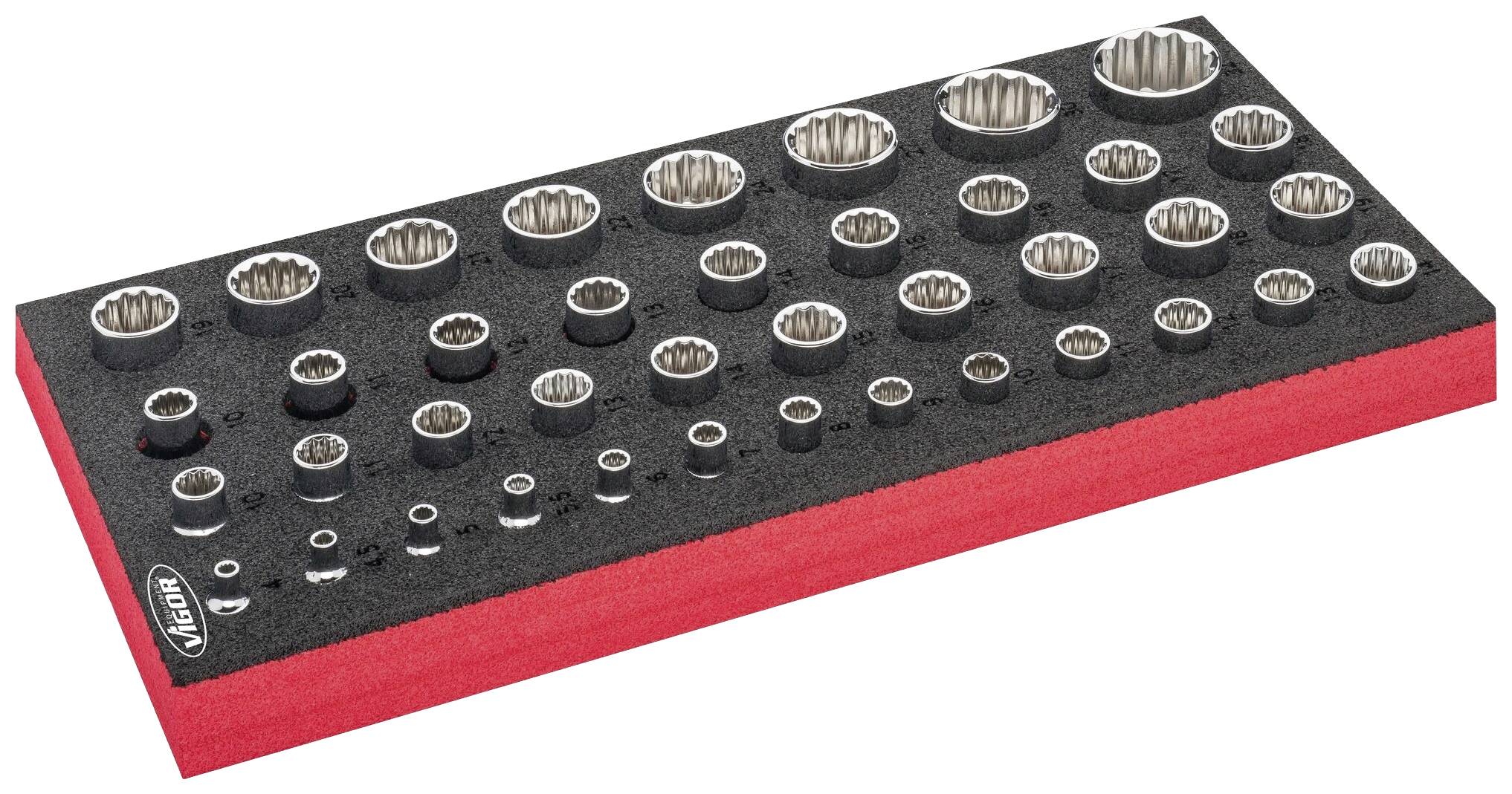 Zestaw nakrętek różnych rozmiarów, starannie ułożonych w czarnym i czerwonym uchwycie.