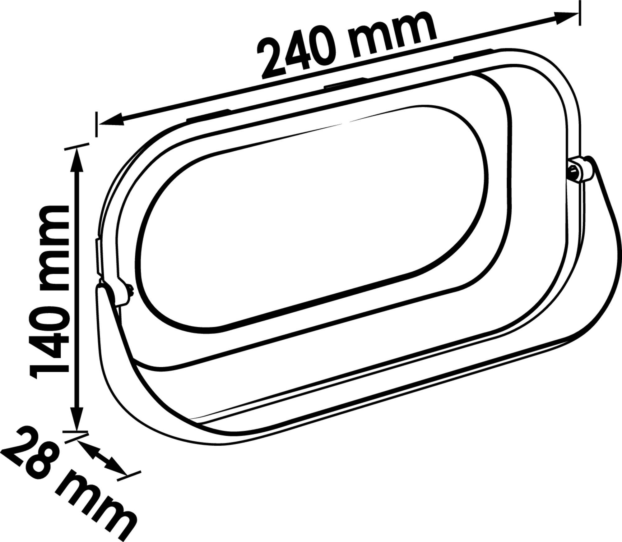 Rysunek techniczny okna owalnego o wymiarach 240 mm x 140 mm x 28 mm.