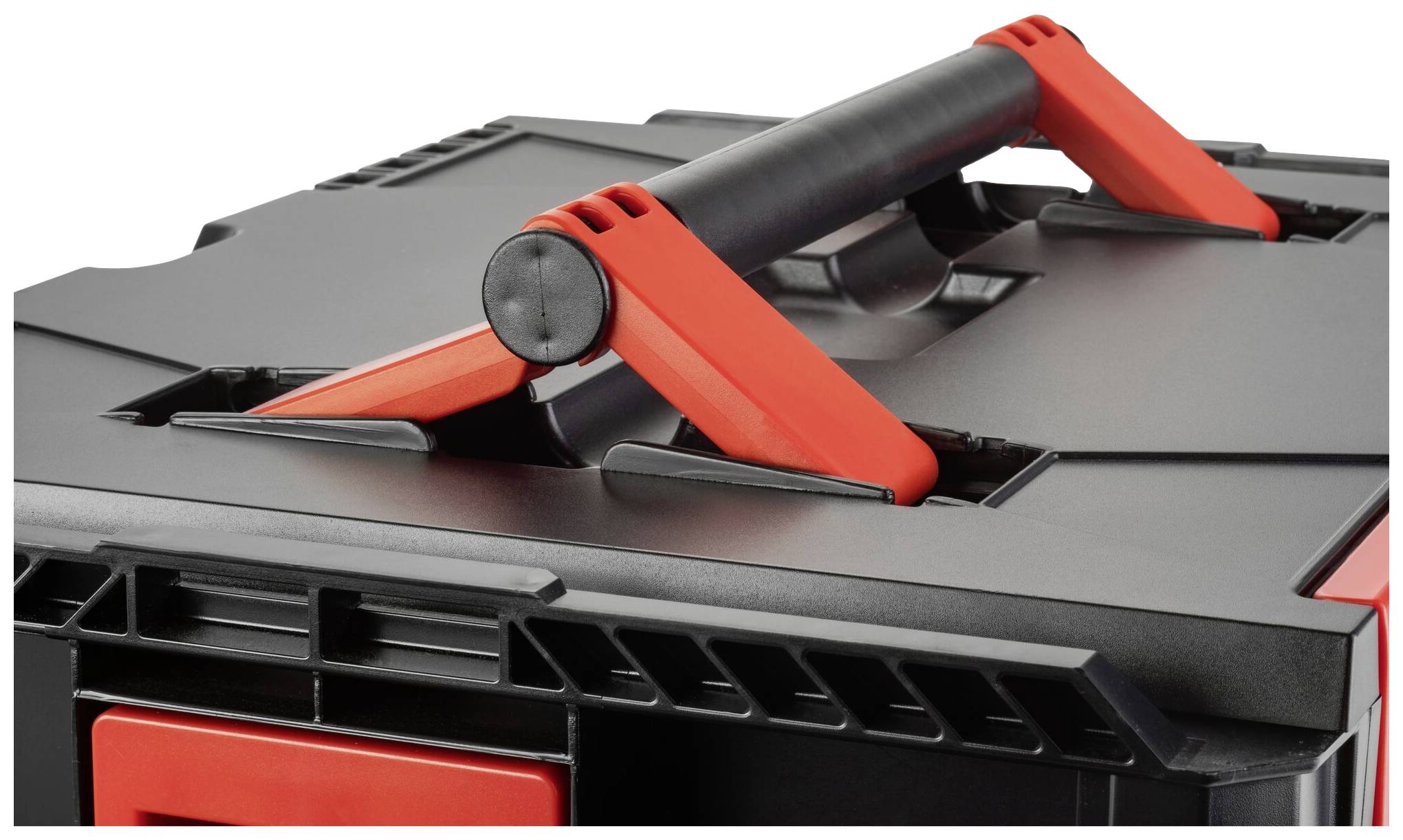 Czarny, składany skrzynka narzędziowa z czerwonym uchwytem, zaprojektowana dla wygodnego przenoszenia.