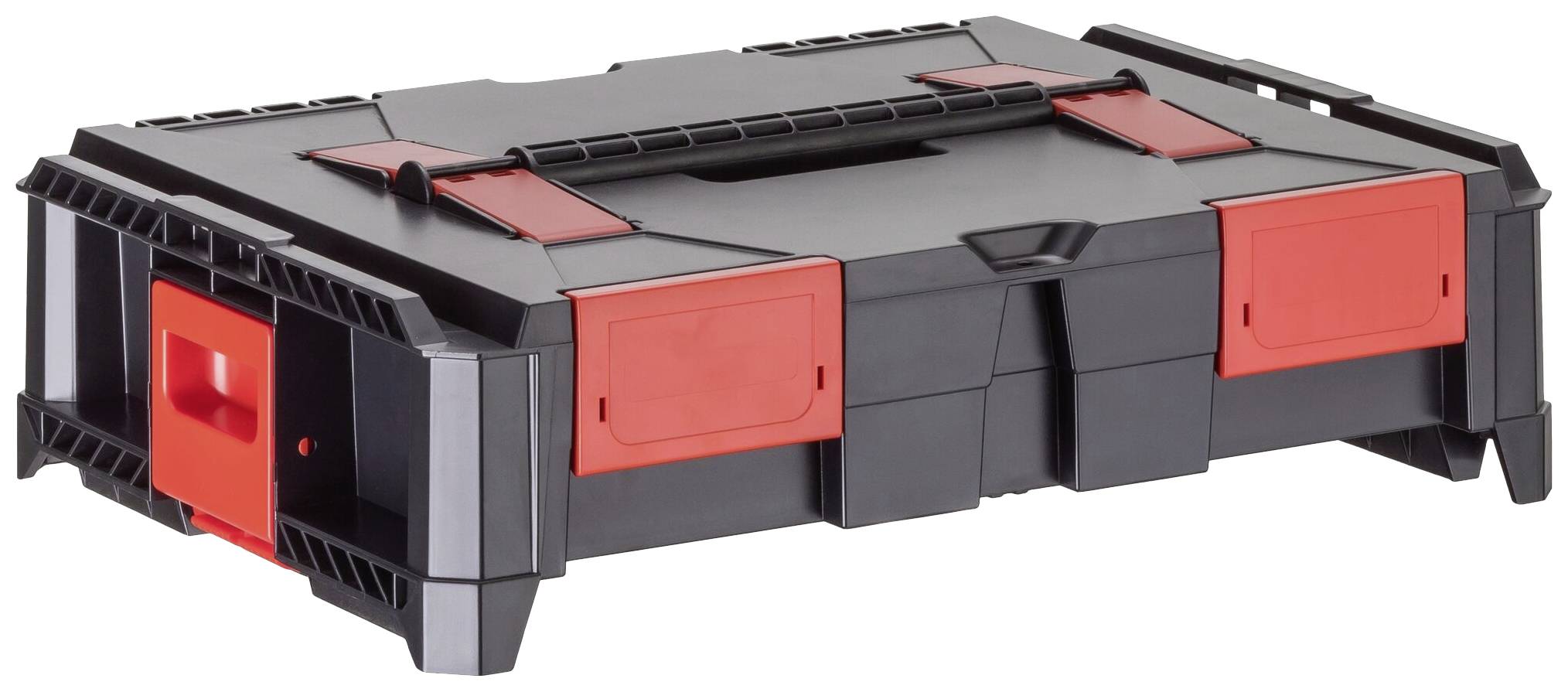 Czarny skrzynka narzędziowa z czerwonymi zamknięciami i uchwytem. Płaski, prostokątny projekt umożliwiający łatwe przechowywanie i transport narzędzi.