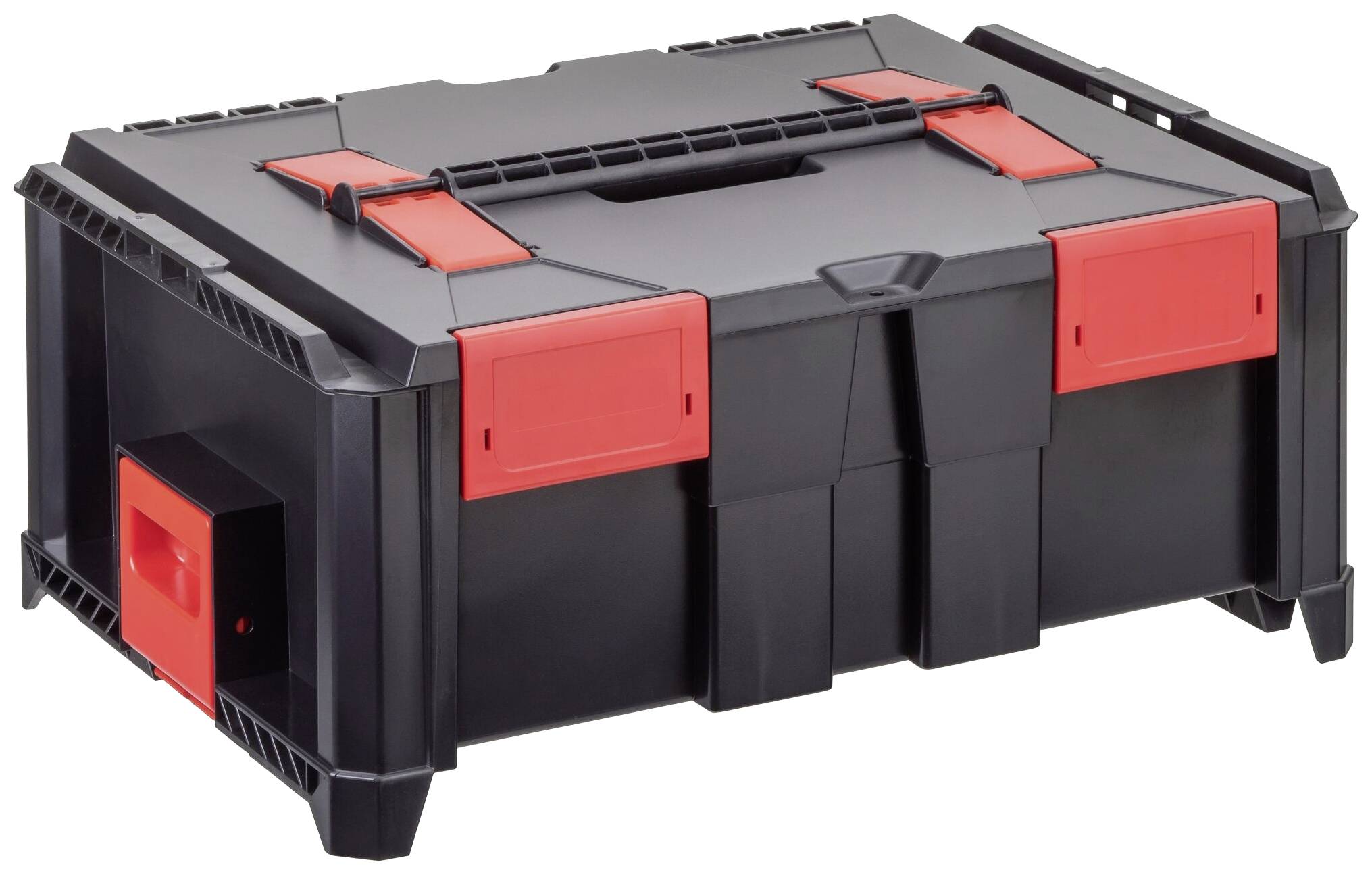 Czarny kufer na narzędzia z czerwonym zamkiem i uchwytem na górze. Kufer posiada solidną konstrukcję i jest odpowiedni do przechowywania narzędzi.