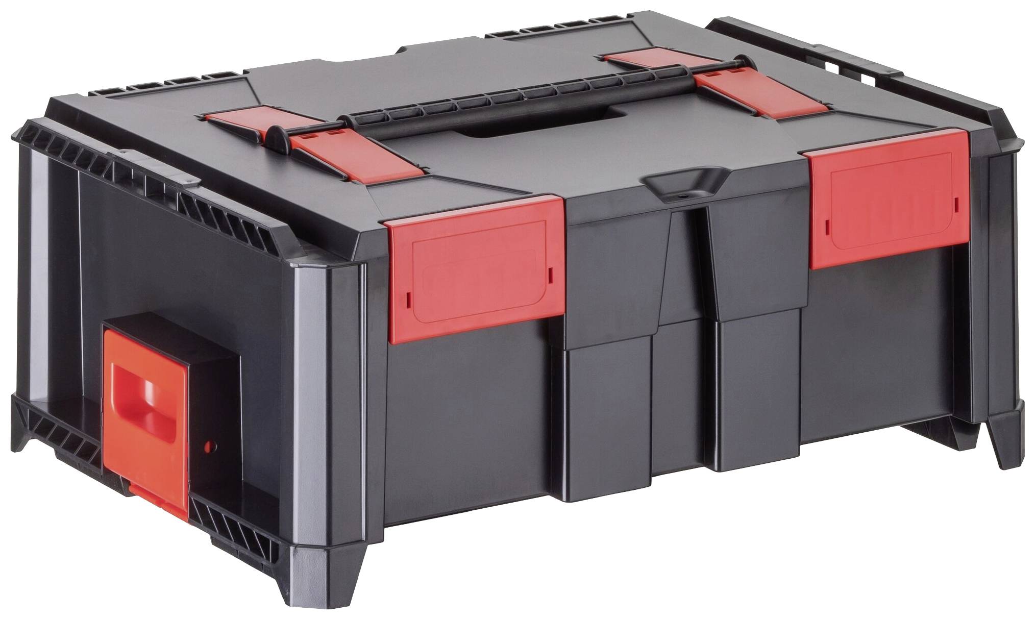 Czarny walizka na narzędzia z czerwonymi zamkami i uchwytem, zamknięta.