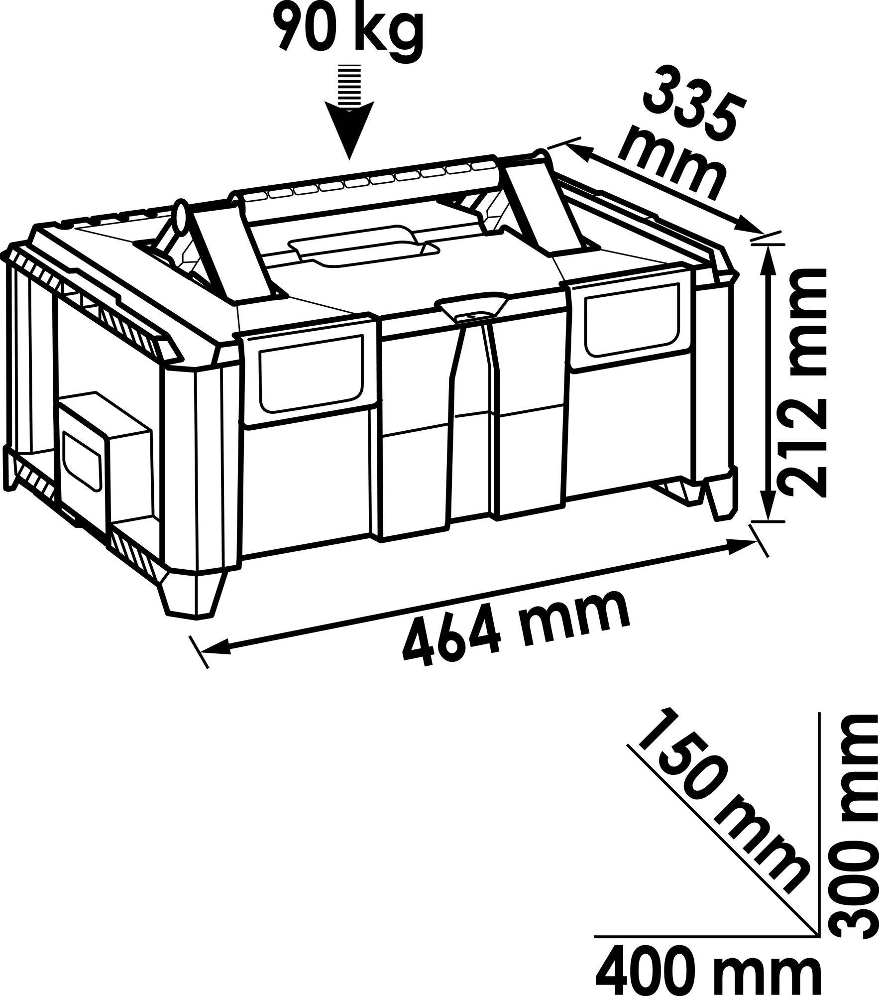 Rysunek techniczny skrzyni o wymiarach: 464 mm długości, 335 mm szerokości, 212 mm wysokości. Waga: 90 kg.