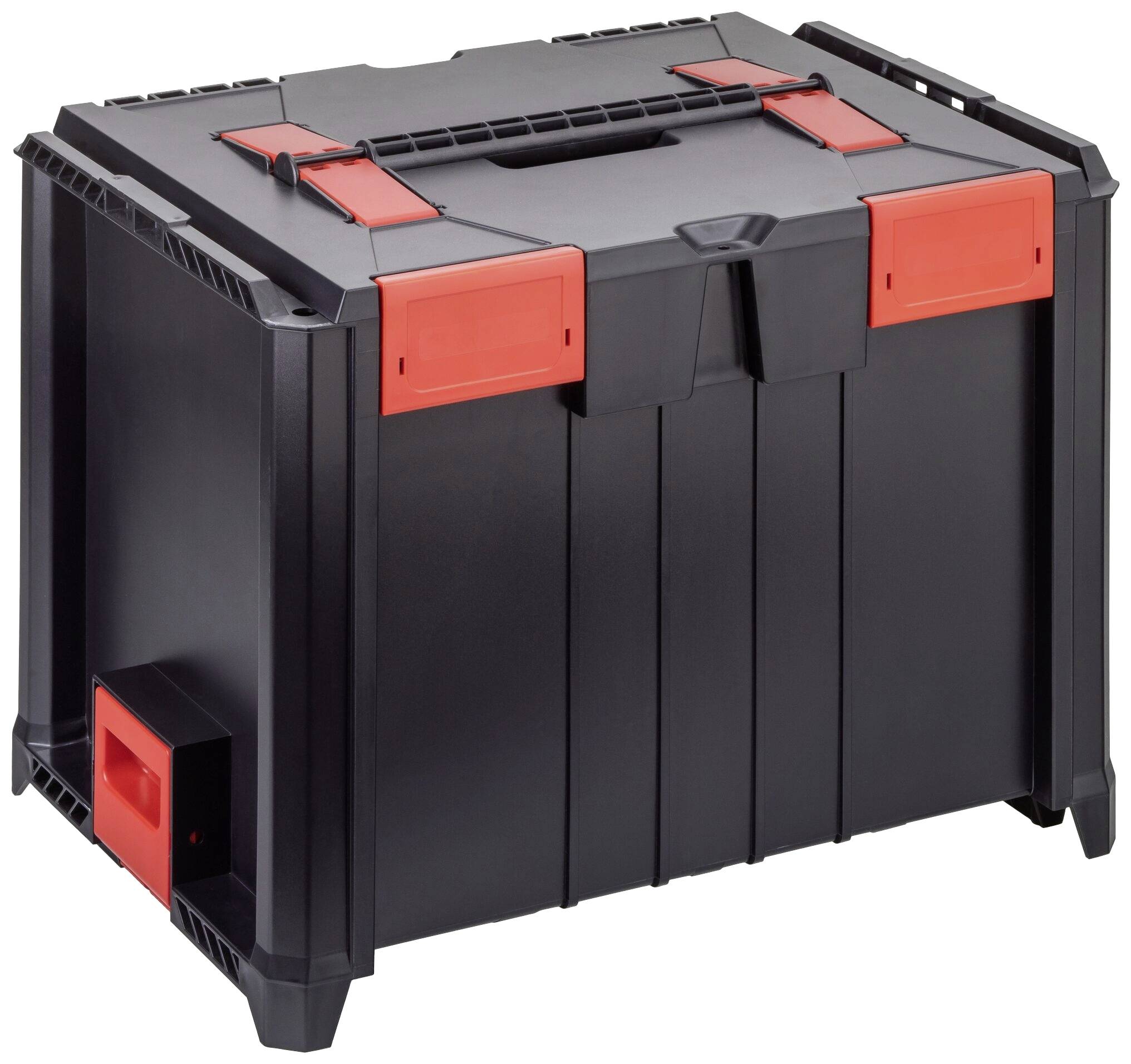 Czarny walizka na narzędzia z czerwonymi zamknięciami i uchwytem, zamknięta i gotowa do przewożenia narzędzi.