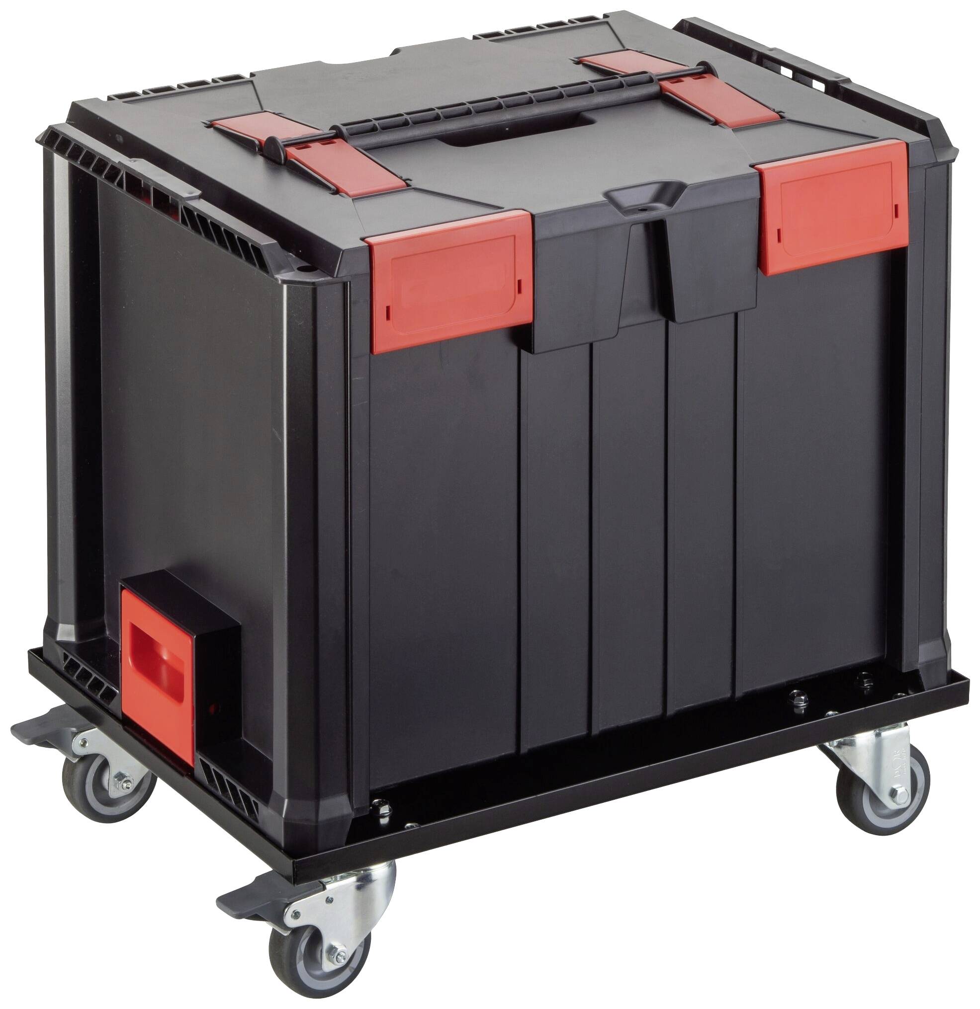 Ruchomy czarny skrzynka narzędziowa na kółkach z czerwonymi uchwytami i zamknięciami. Idealna dla mobilnych rzemieślników do przechowywania narzędzi.