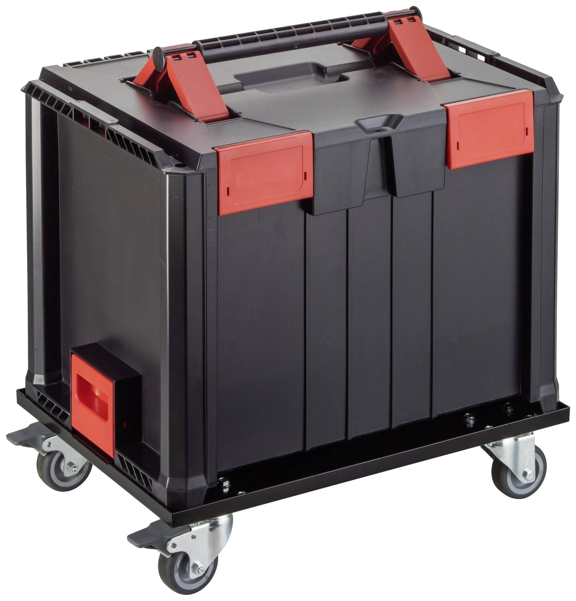 Czarny, wytrzymały kontener na kółkach z czerwonymi zamknięciami i uchwytami. Cztery koła umożliwiają łatwe przemieszczanie. Idealny do przechowywania.