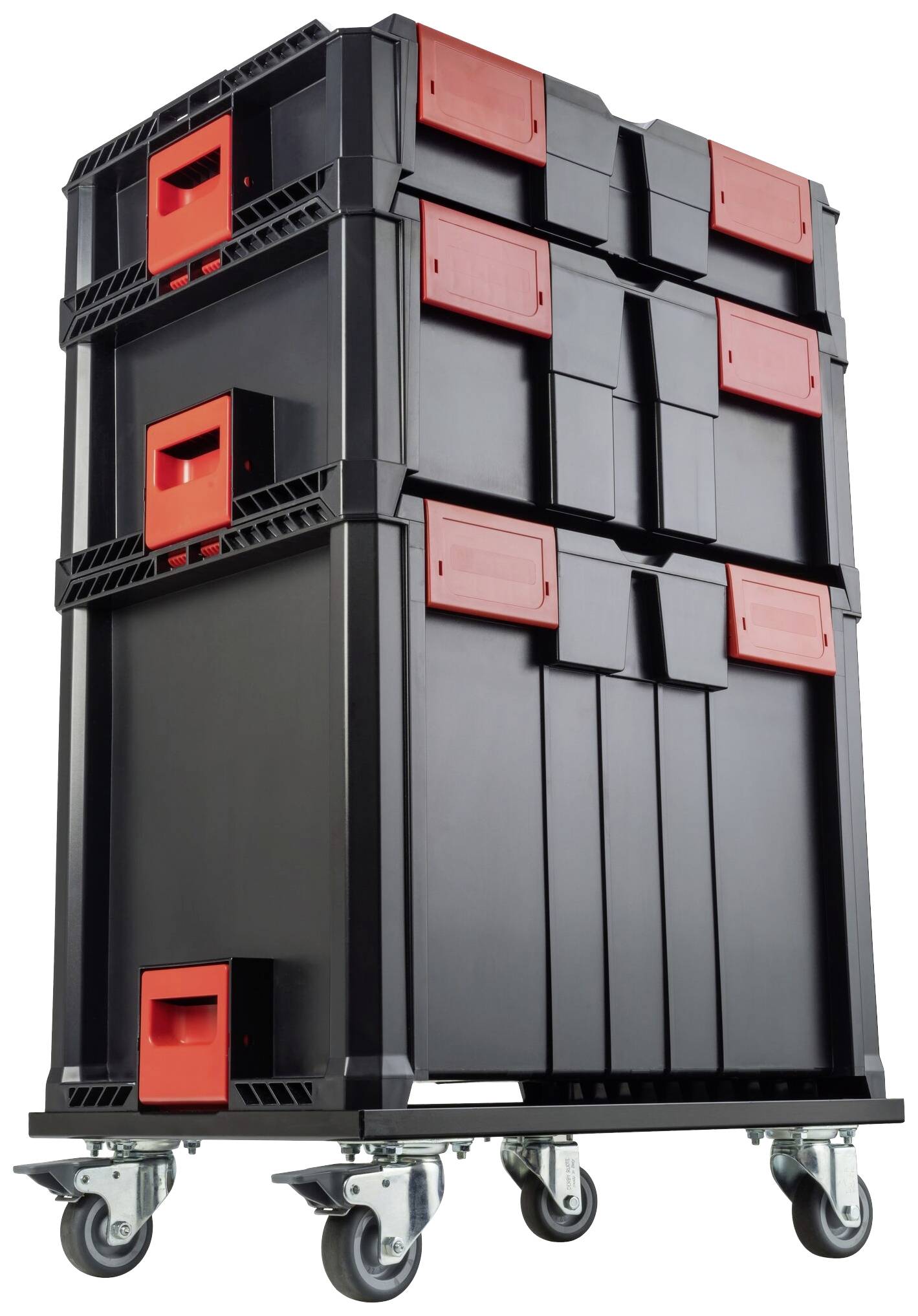 Czarne skrzynki narzędziowe z czerwonymi uchwytami, możliwe do układania w stos na czterokołowym wózku. Idealne do mobilnego przechowywania narzędzi.