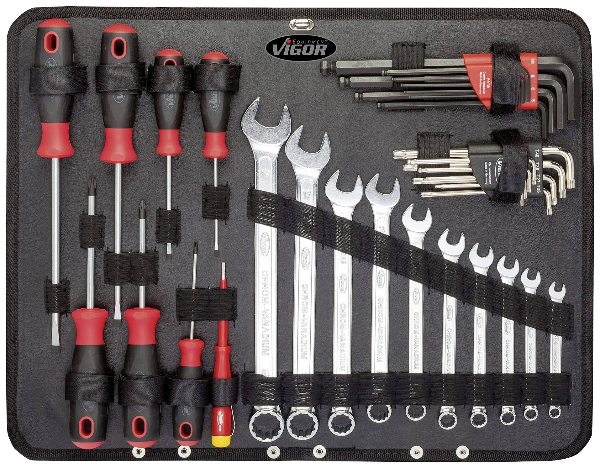 Zestaw narzędzi porządnie ułożony w torbie narzędziowej, zawierający śrubokręty, klucze oczkowe i klucze imbusowe, ułożone w sposób uporządkowany i zabezpieczony.