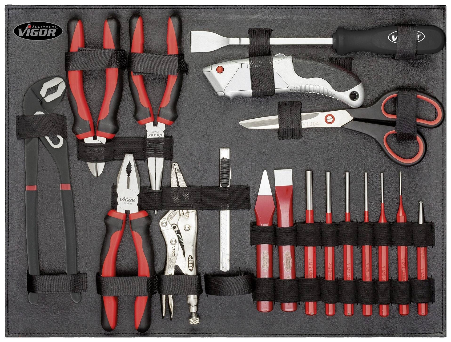 Zestaw narzędzi "Vigor" składający się z różnych szczypiec, śrubokrętów, noża do cięcia, nożyczek i wkrętaków na czarnym stojaku.