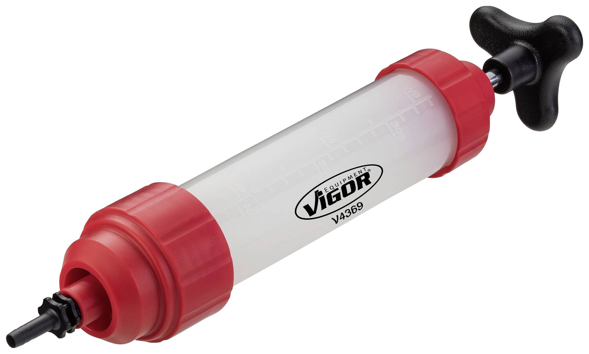 Ręczny dozownik z tworzywa sztucznego z czerwoną krawędzią i czarną rączką. Odpowiedni do odsysania lub napełniania płynów.