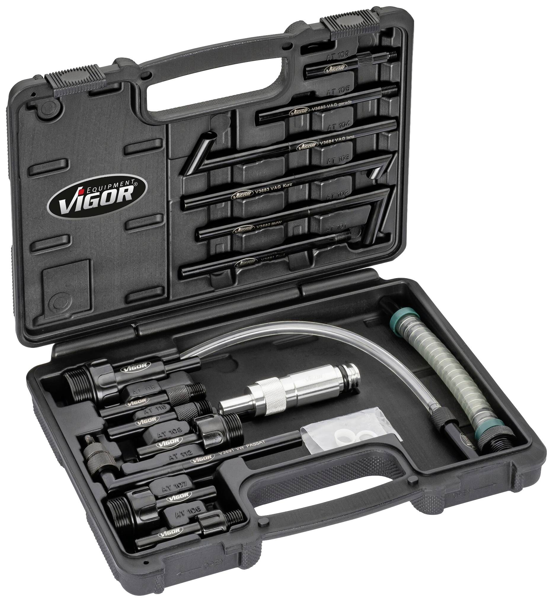 Otwarta torba transportowa z zestawem narzędzi, zawierająca śrubokręty, przewód i akcesoria. Na wewnętrznej stronie pokrywy widnieje napis 'Vigor'.