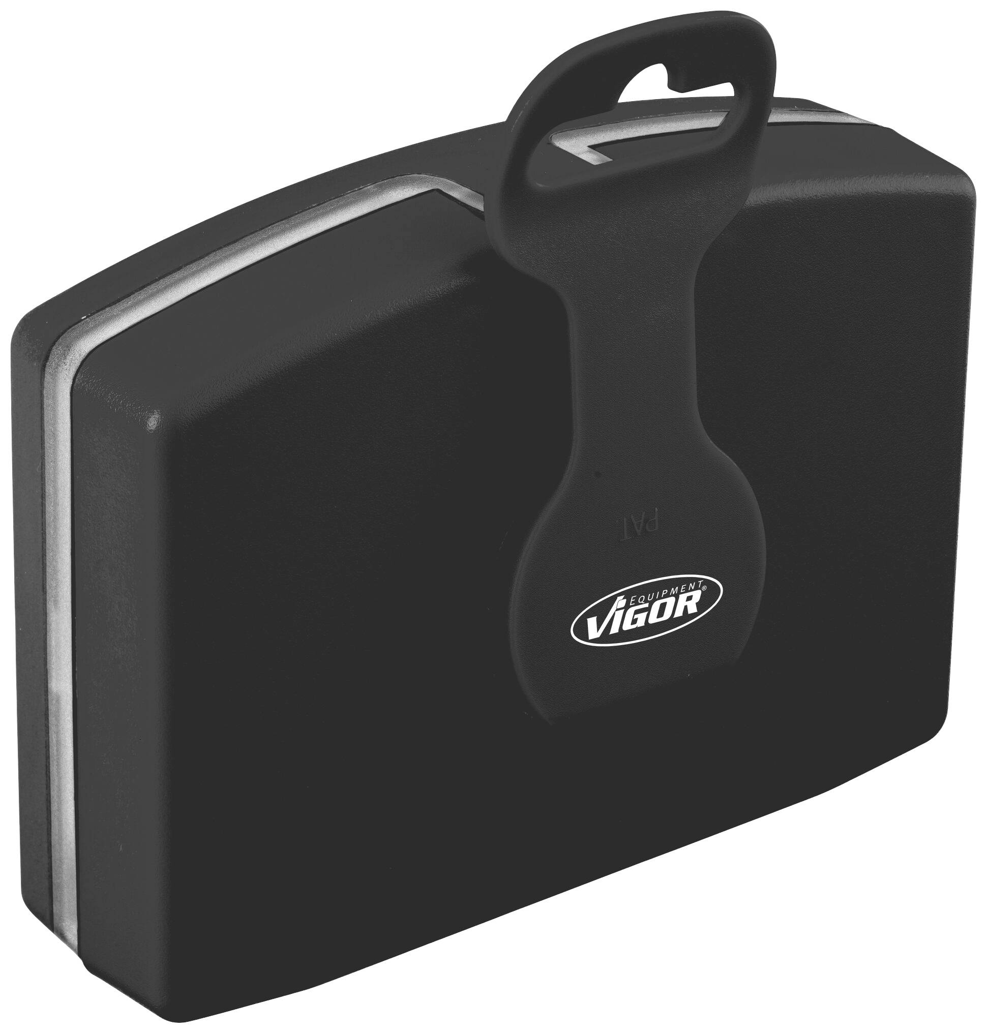 Czarny, prostokątny kufer marki 'Vigor', z zintegrowanym uchwytem na górnej części i logo na przedniej stronie.