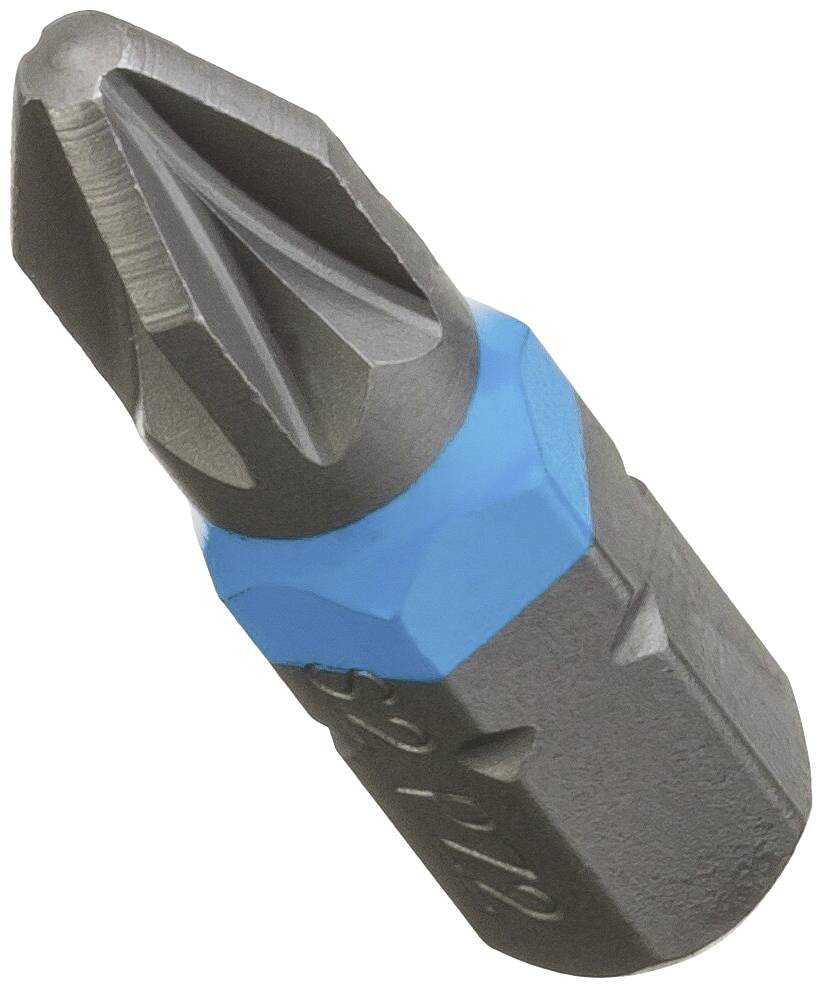 Bit krzyżowy z niebieskim pierścieniem, odpowiedni do wkrętaków, sfotografowany z bliska na białym tle.