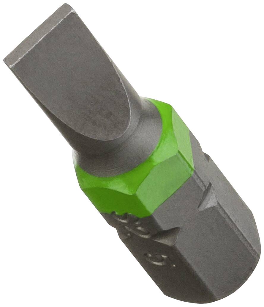 Metalowy bit wkrętaka płaskiego z zielonym pierścieniem oznaczenia.