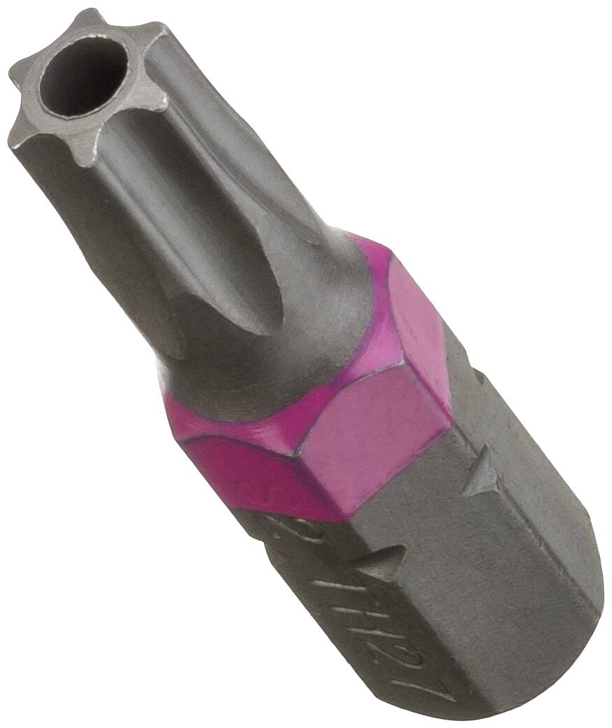 Bit wkrętaka Torx z sześcioramienną końcówką, o czerwono oznaczonym trzonku. Stosowany do wkręcania śrub Torx.