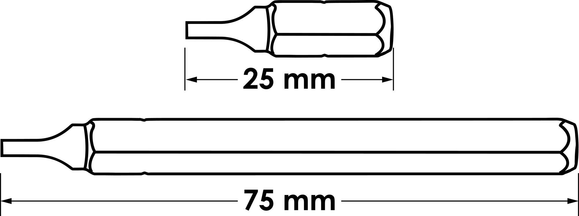 Rysunek techniczny końcówki wkrętakowej z wymiarami: długość 25 mm dla górnej części, całkowita długość z uchwytem 75 mm.