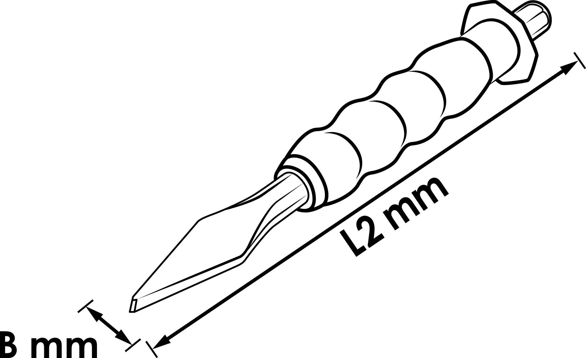 Ilustracja dłuta o długości 'L2 mm' i szerokości 'B mm', przedstawiająca uchwyt z ergonomicznymi falistymi liniami oraz płaskie ostrze.