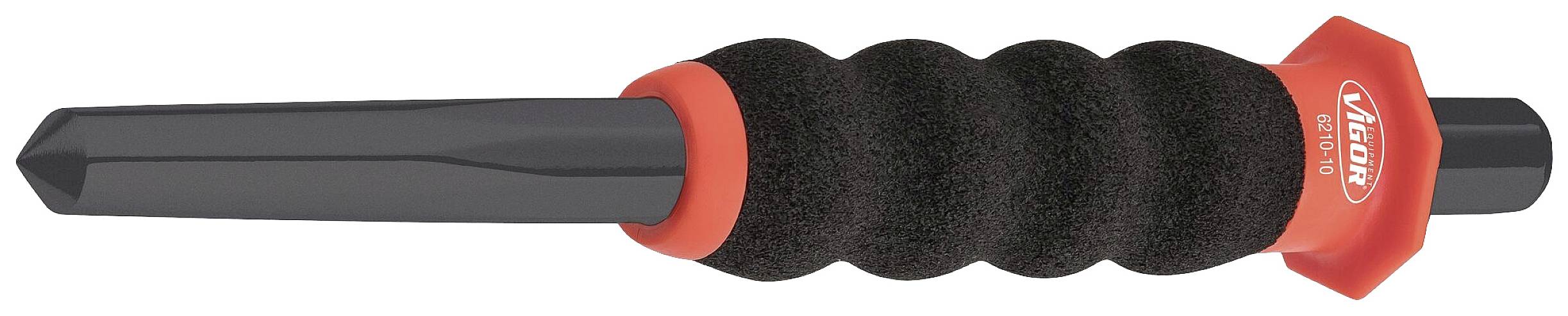 Uchwyt narzędzia wykonany z tworzywa sztucznego o czarnej, strukturowanej powierzchni zapewniającej lepszy chwyt. Czerwony koniec z nazwą marki.