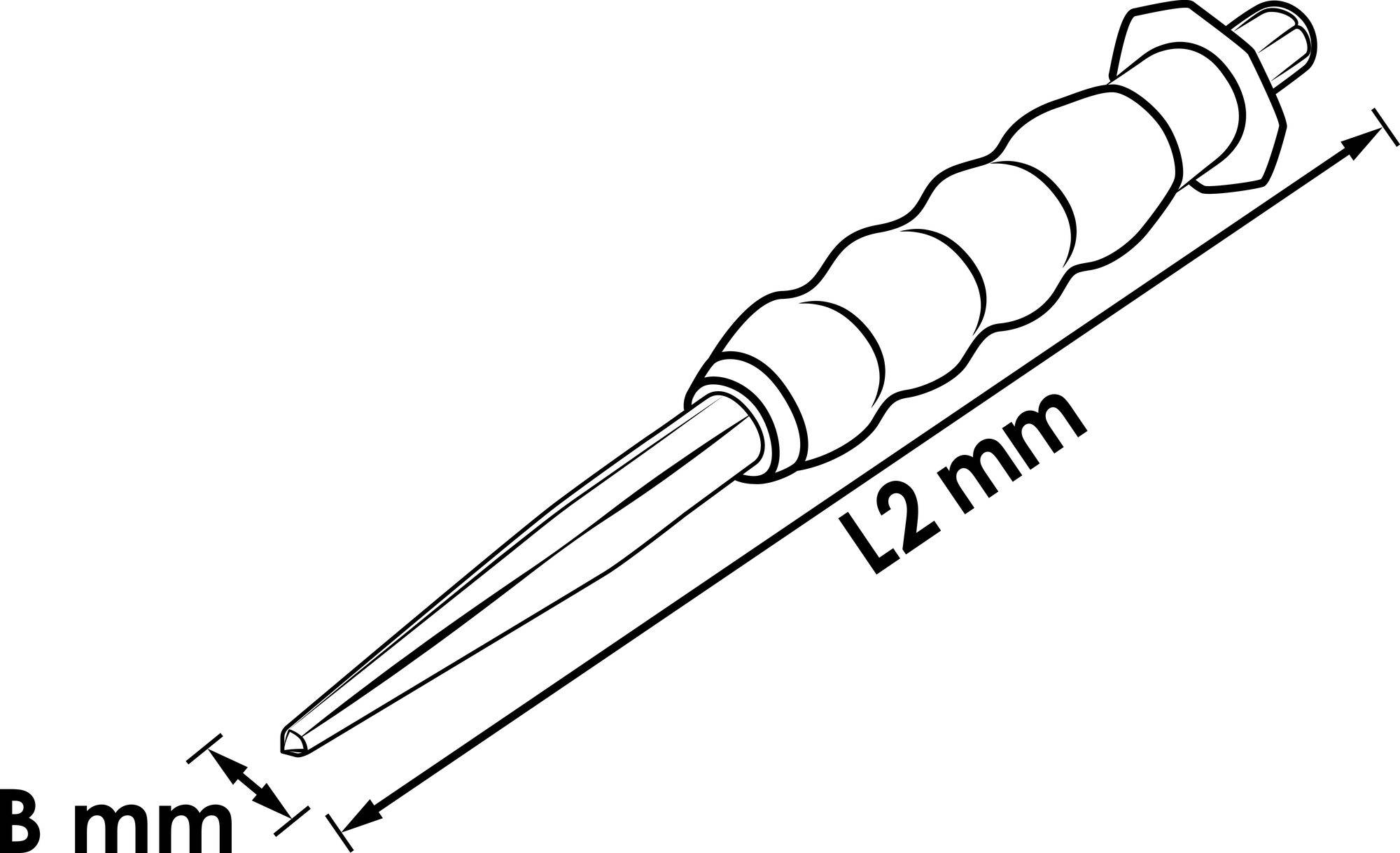 Diagram narzędzia z żłobkowanym uchwytem i spiczastym czubkiem. Opisany jako 'L2 mm' wzdłuż długości i 'B mm' przy podstawie.