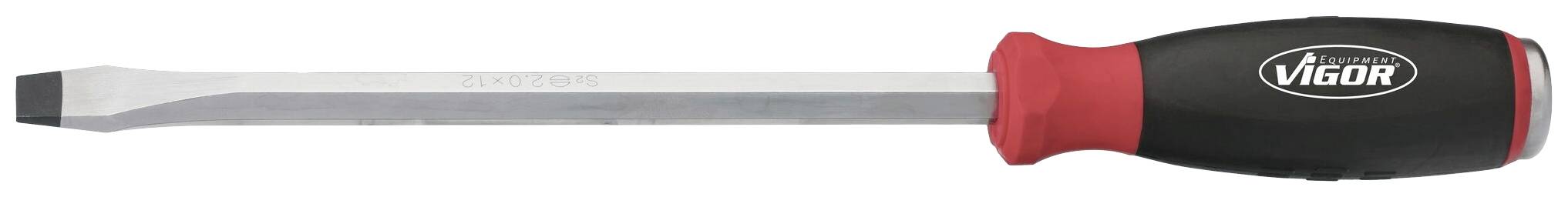 Wkrętak płaski z czarną rękojeścią, czerwonym zakończeniem i srebrnym ostrzem z napisem 'Vigor'.