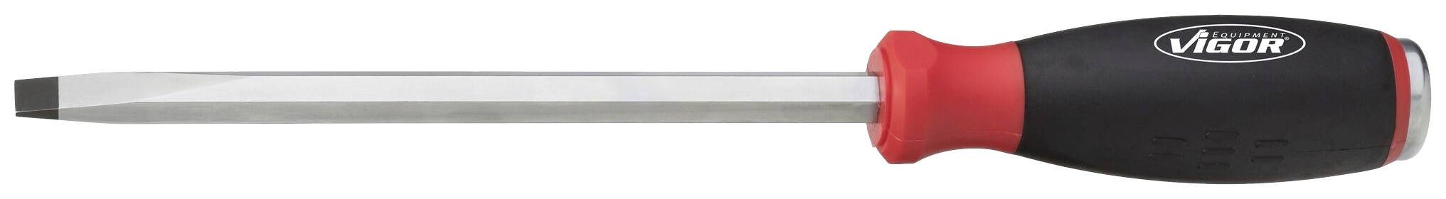 Wkrętak z czerwonym i czarnym uchwytem oraz płaskim ostrzem.