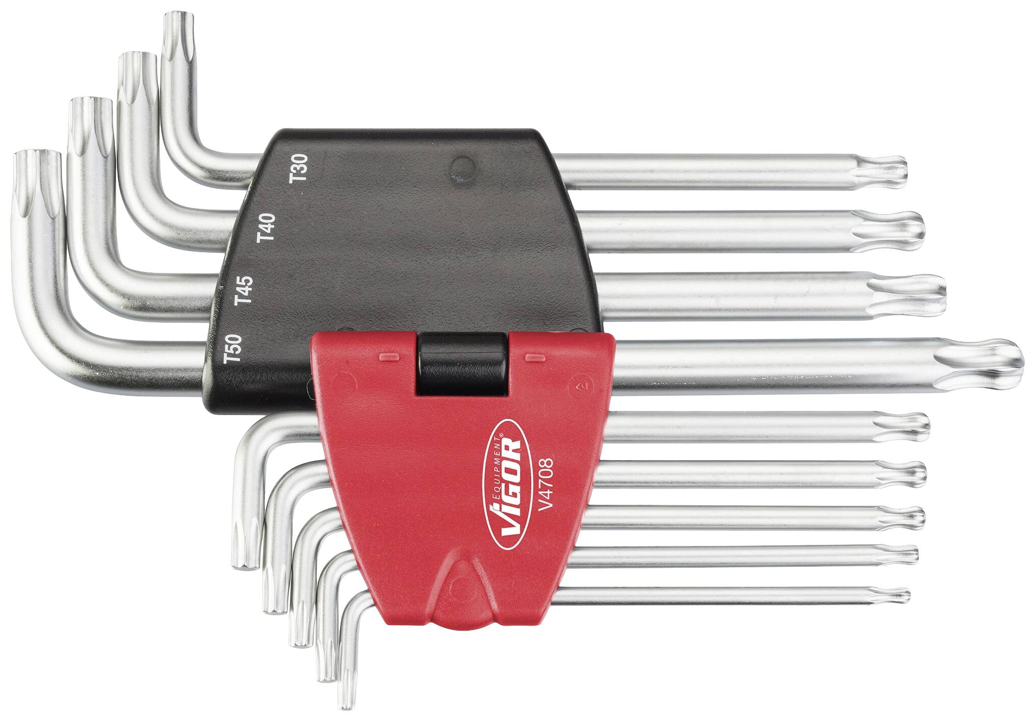 Zestaw kluczy Torx w kształcie litery L w czarnej i czerwonej oprawie. Widoczne rozmiary od T9 do T50.