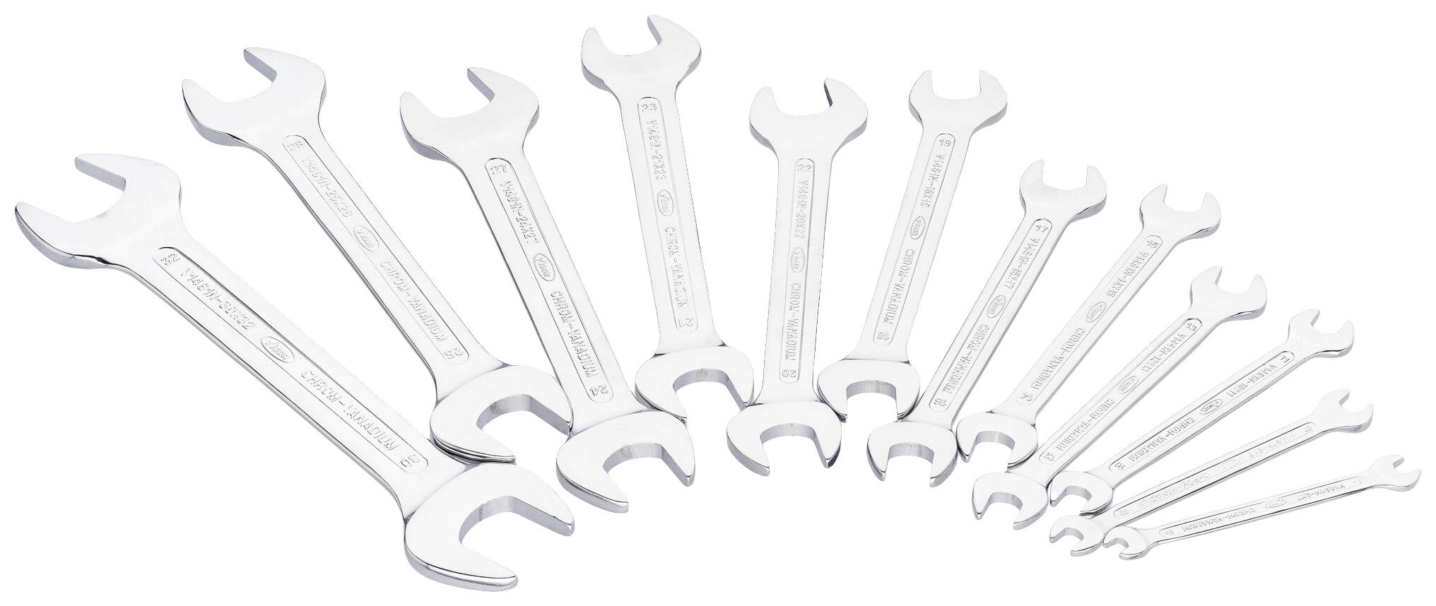 Dwanaście kluczy płaskich w różnych rozmiarach, od największego do najmniejszego. Używane do prac mechanicznych i napraw.