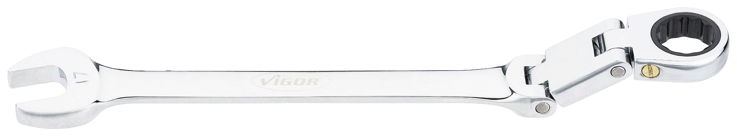 Regulowany klucz nastawny z otwartym końcem i głowicą z grzechotką, w kolorze srebrnym, na białym tle.